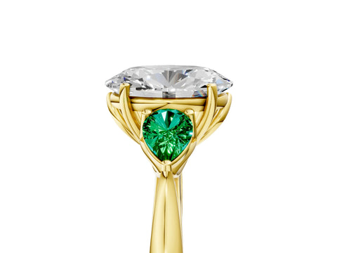 Yellow gold Oval Cut Diamond Three-Stone Ring with Pear with Emerald side stone Side Stones and Prong Setting_5