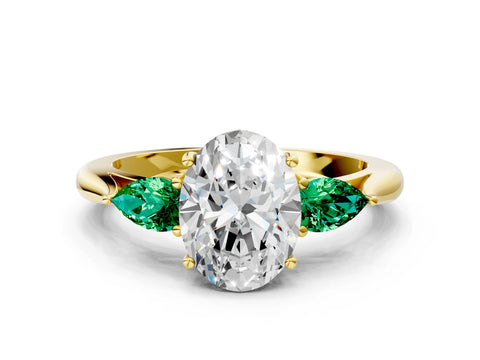 Yellow gold Oval Cut Diamond Three-Stone Ring with Pear with Emerald side stone Side Stones and Prong Setting