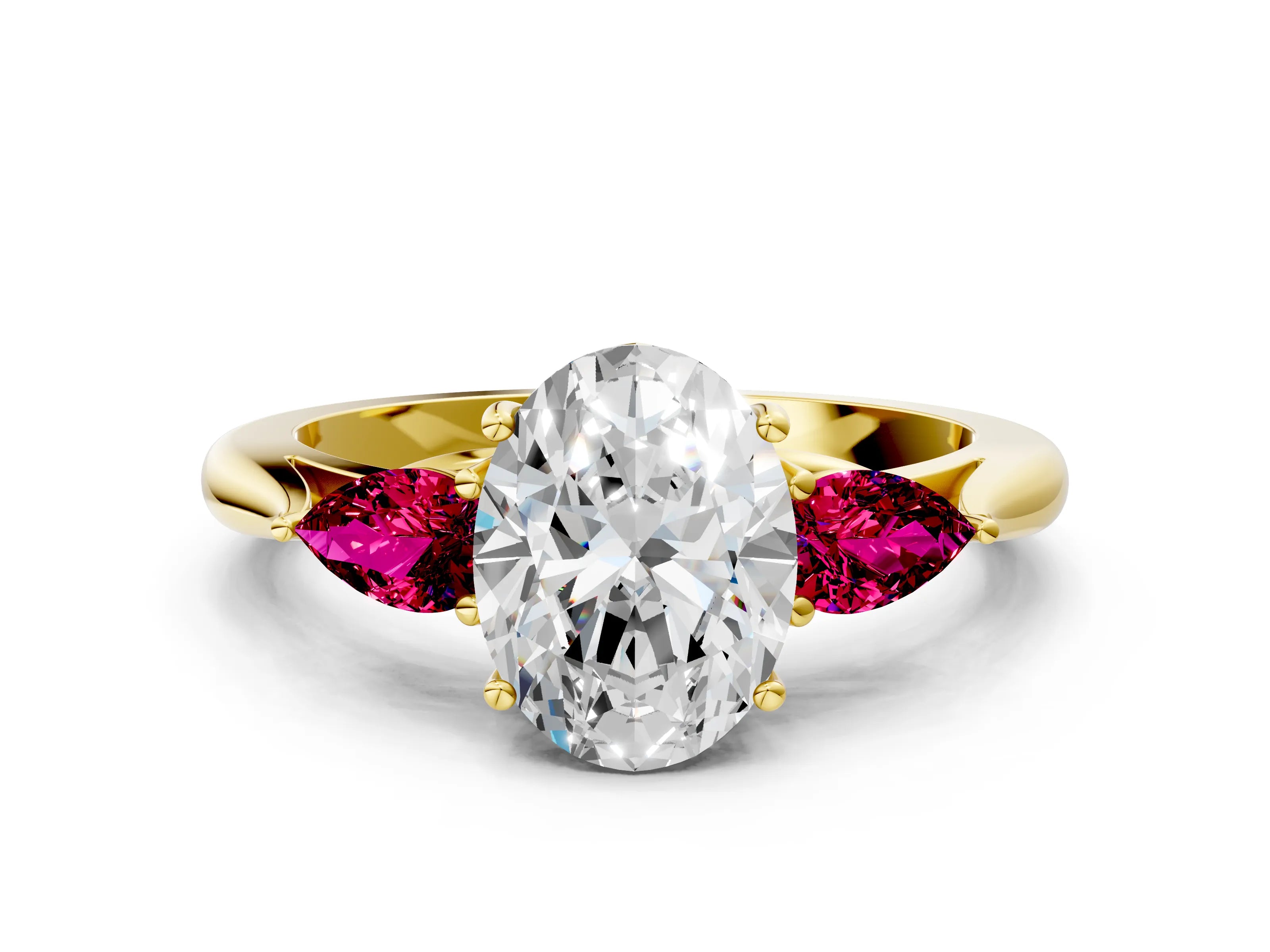 Yellow gold Oval Cut Diamond Three-Stone Ring with Pear with Garnet side stone Side Stones and Prong Setting