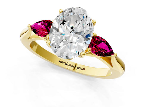 Yellow gold Oval Cut Diamond Three-Stone Ring with Pear with Garnet side stone Side Stones and Prong Setting_1