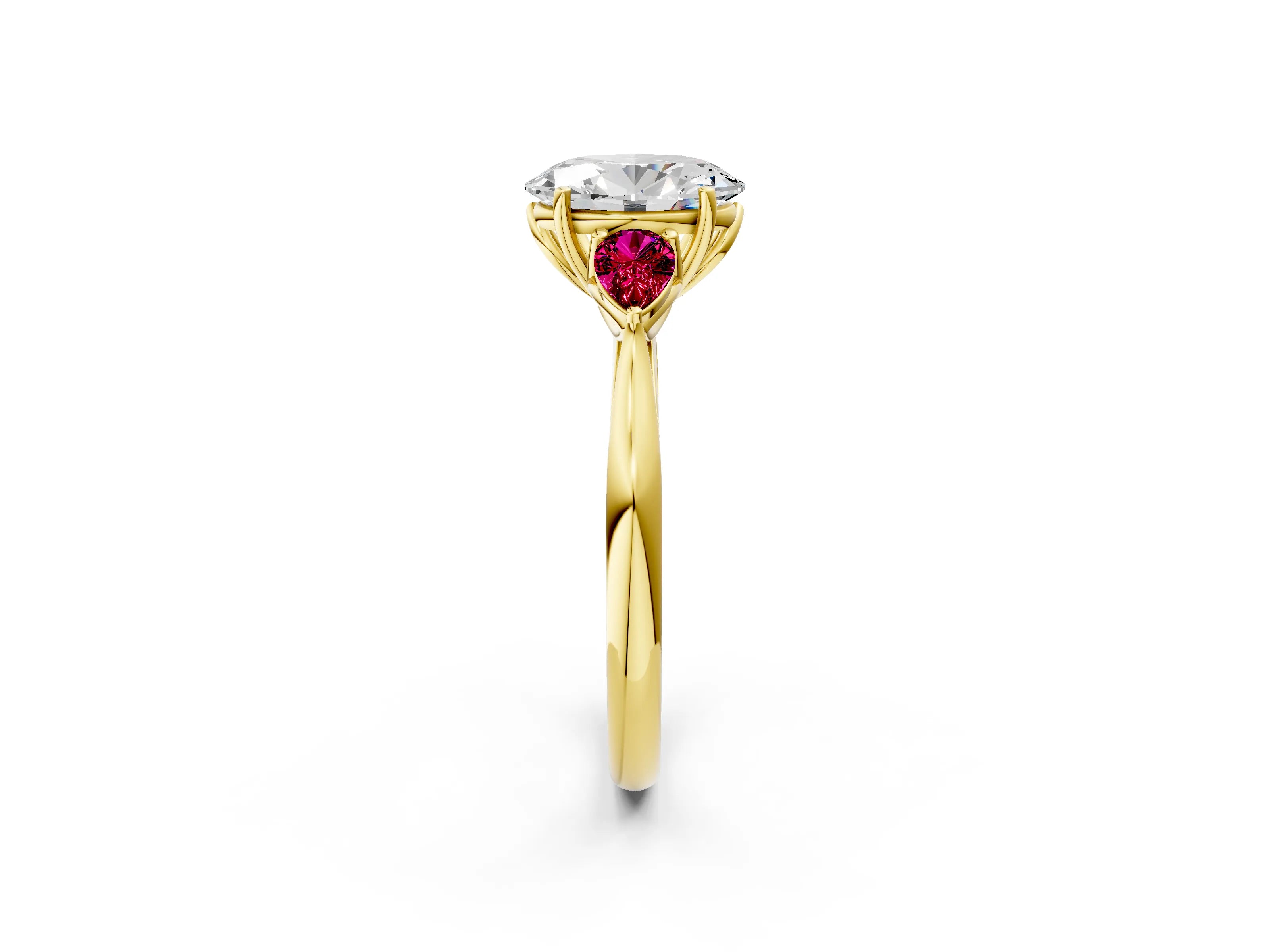 Yellow gold Oval Cut Diamond Three-Stone Ring with Pear with Garnet side stone Side Stones and Prong Setting_2