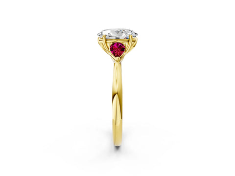 Yellow gold Oval Cut Diamond Three-Stone Ring with Pear with Garnet side stone Side Stones and Prong Setting_2