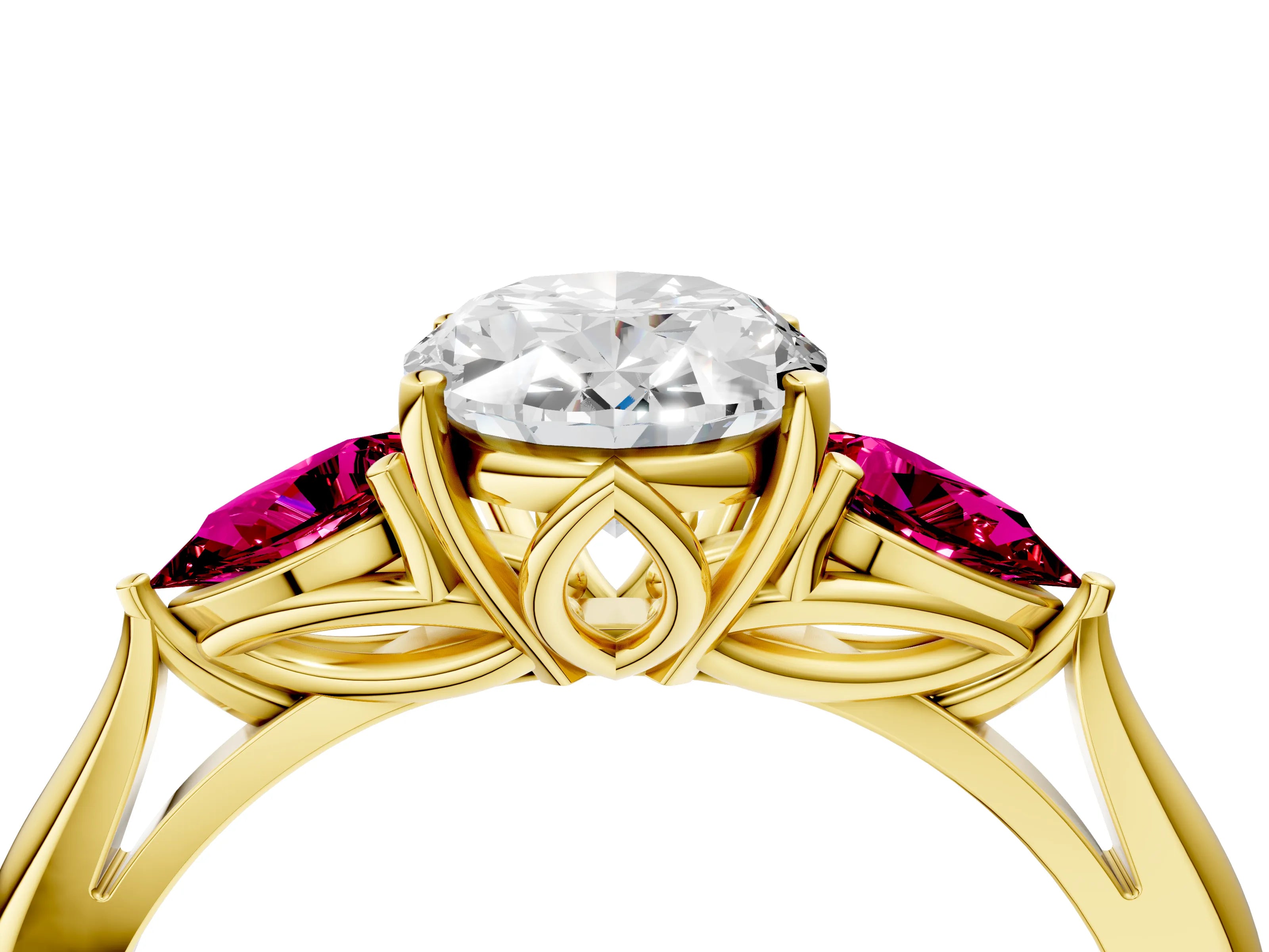 Yellow gold Oval Cut Diamond Three-Stone Ring with Pear with Garnet side stone Side Stones and Prong Setting_4
