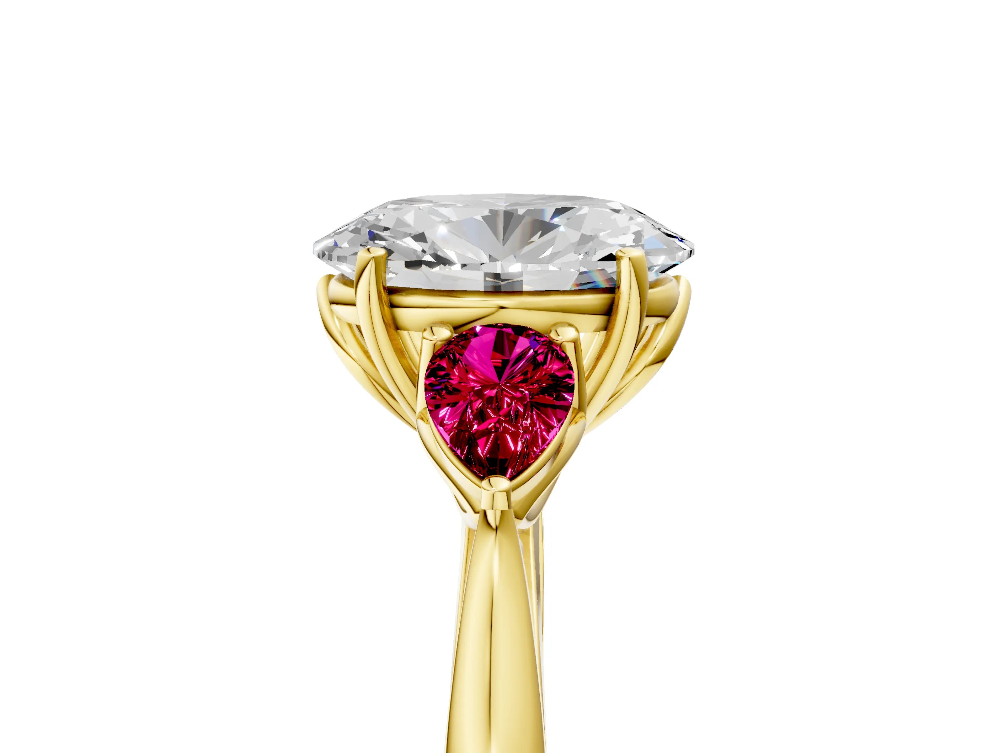 Yellow gold Oval Cut Diamond Three-Stone Ring with Pear with Garnet side stone Side Stones and Prong Setting_5