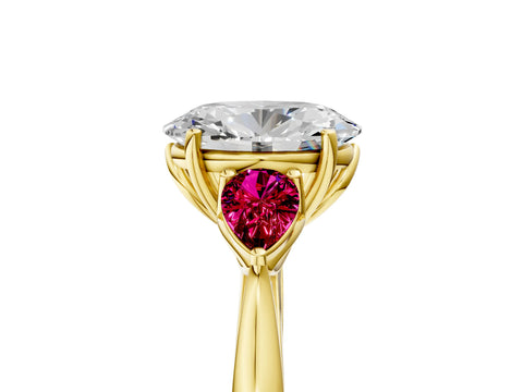 Yellow gold Oval Cut Diamond Three-Stone Ring with Pear with Garnet side stone Side Stones and Prong Setting_5