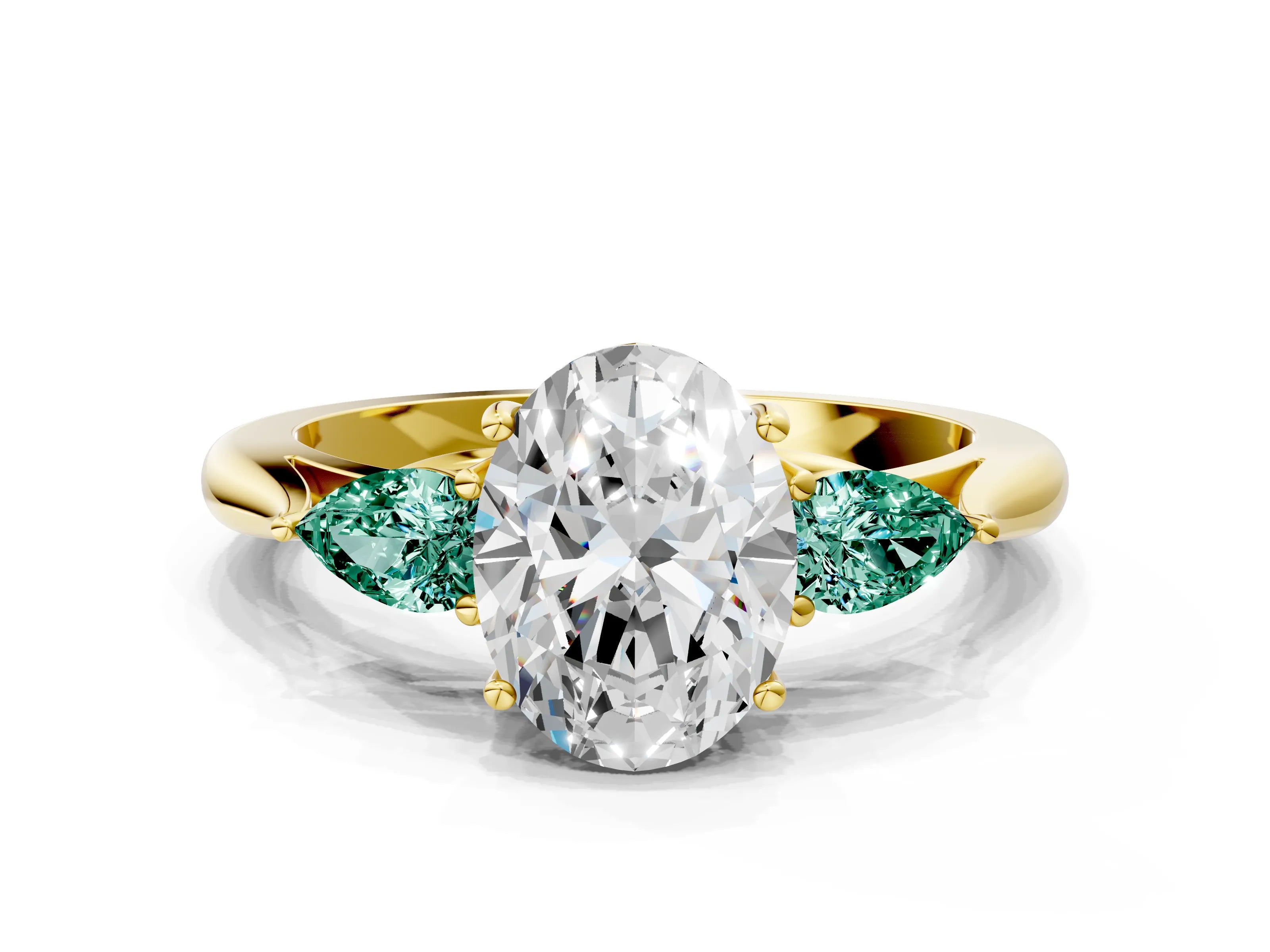 Yellow gold Oval Cut Diamond Three-Stone Ring with Pear with Green Sapphire side stone Side Stones and Prong Setting