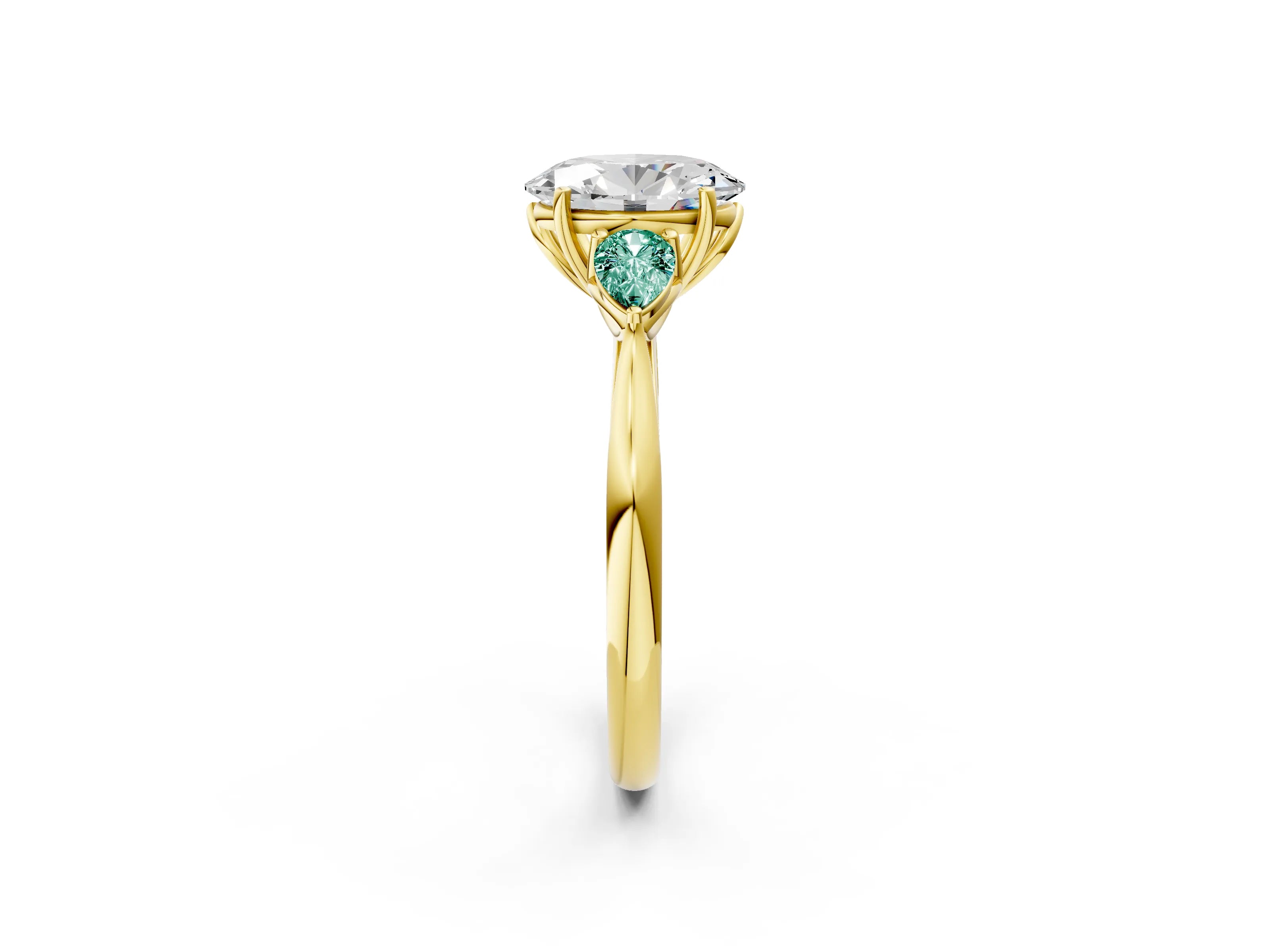 Yellow gold Oval Cut Diamond Three-Stone Ring with Pear with Green Sapphire side stone Side Stones and Prong Setting_2