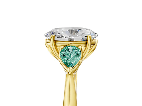 Yellow gold Oval Cut Diamond Three-Stone Ring with Pear with Green Sapphire side stone Side Stones and Prong Setting_5