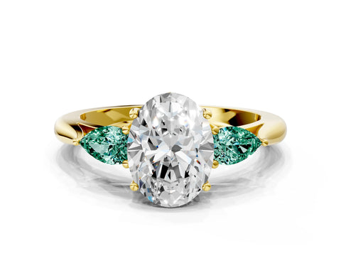 Yellow gold Oval Cut Diamond Three-Stone Ring with Pear with Green Sapphire side stone Side Stones and Prong Setting