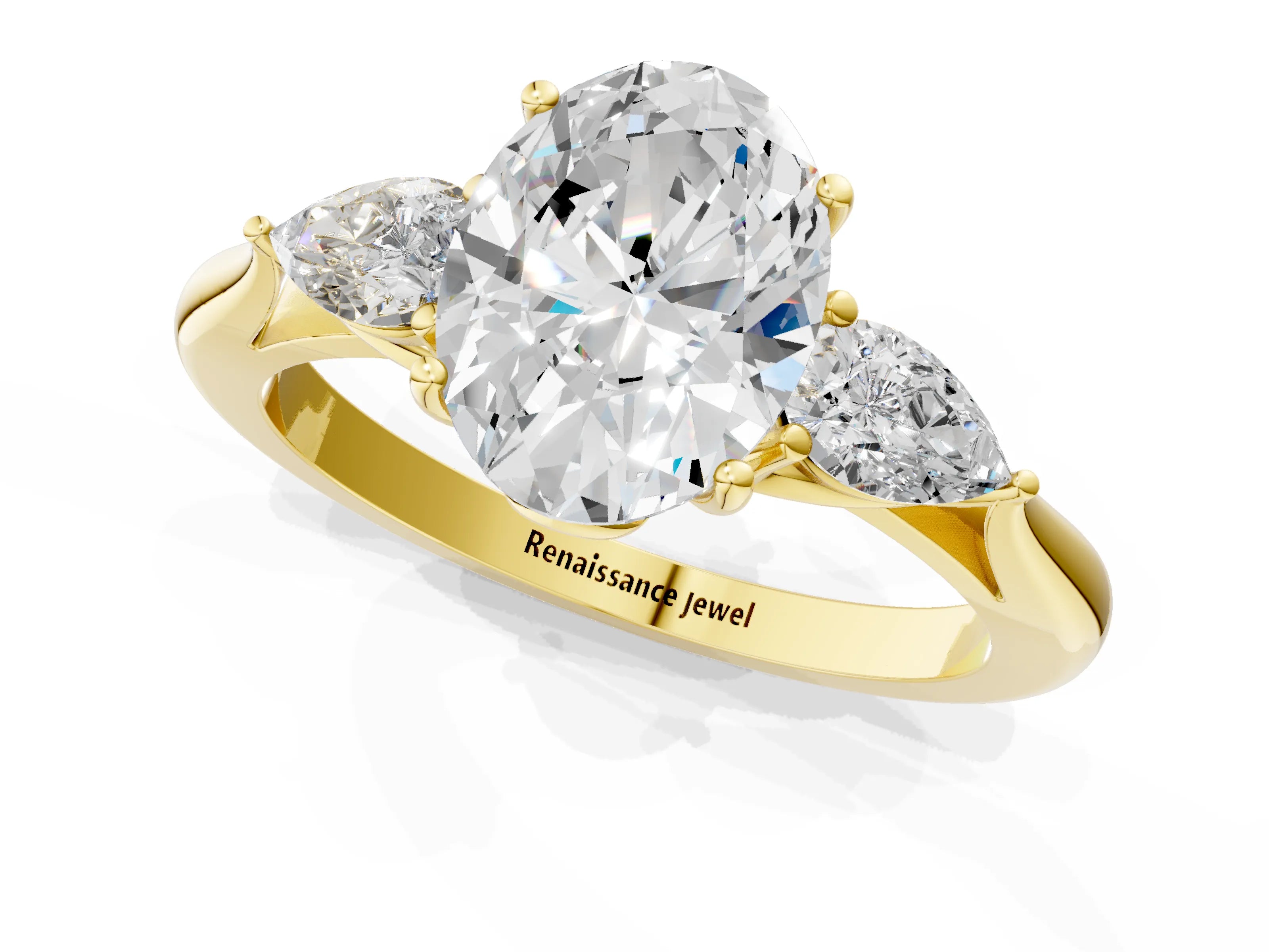 Yellow gold Oval Cut Diamond Three-Stone Ring with Pear with Moissanite side stone Side Stones and Prong Setting_1