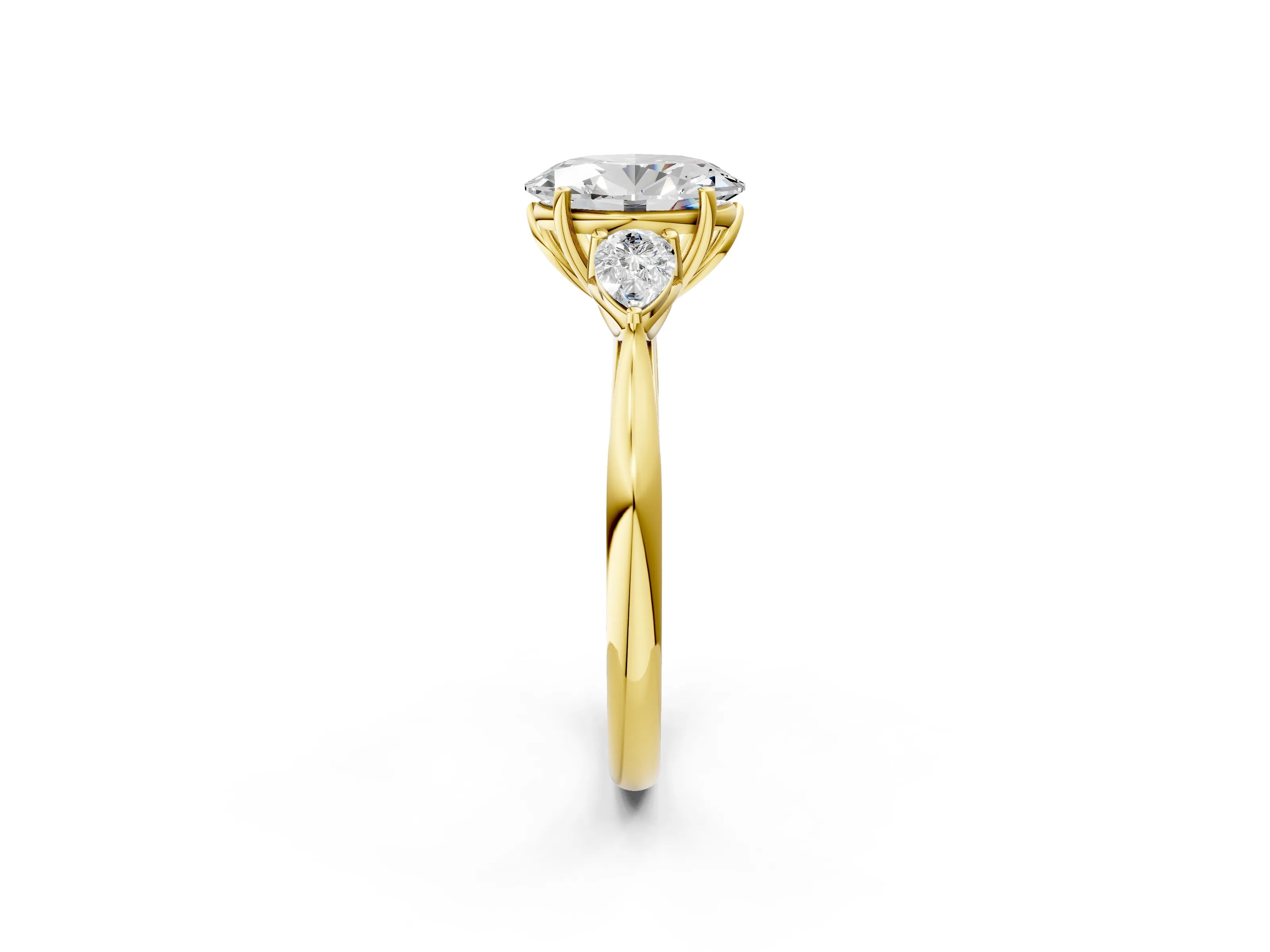 Yellow gold Oval Cut Diamond Three-Stone Ring with Pear with Moissanite side stone Side Stones and Prong Setting_2