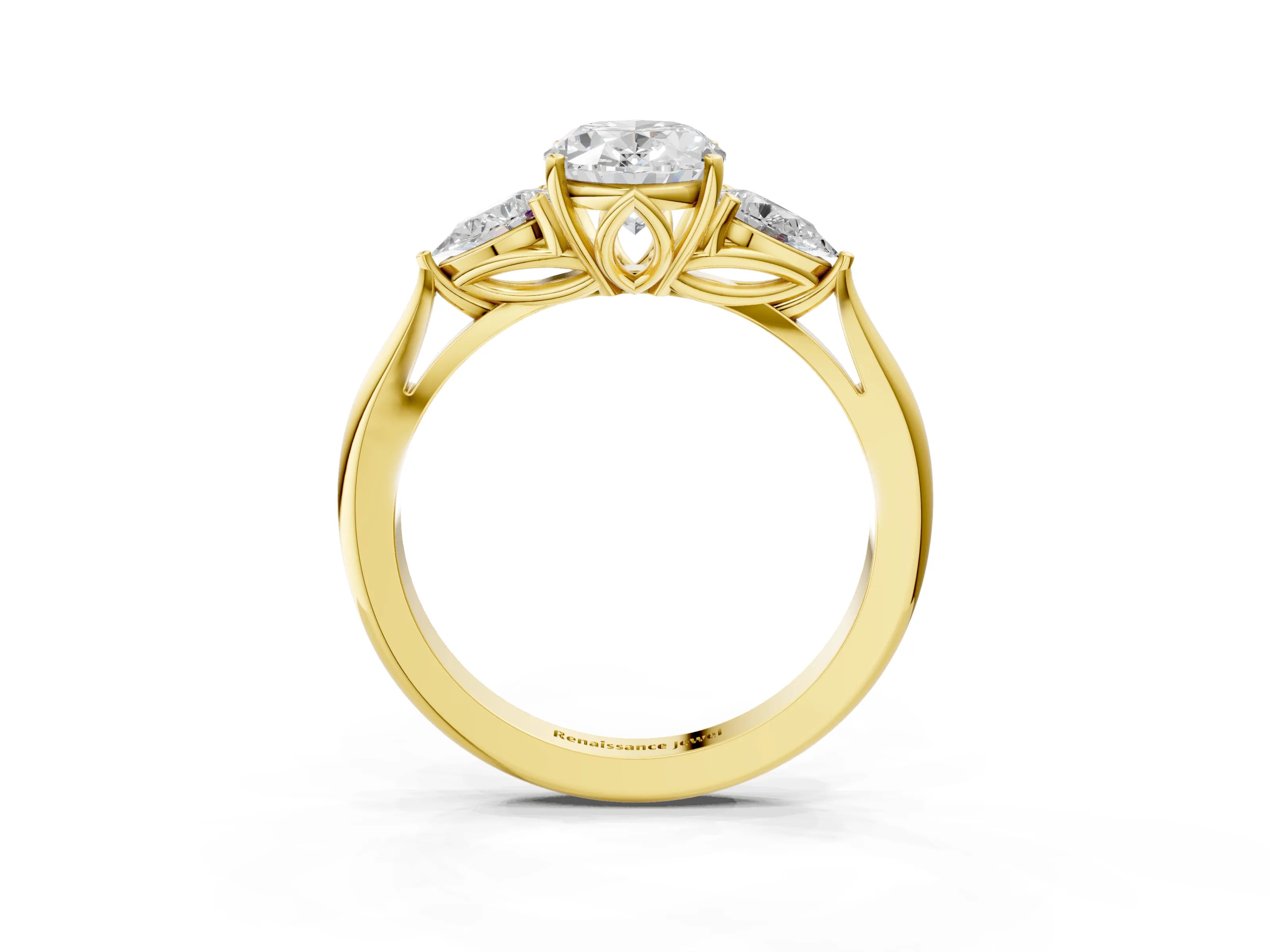 Yellow gold Oval Cut Diamond Three-Stone Ring with Pear with Moissanite side stone Side Stones and Prong Setting_3