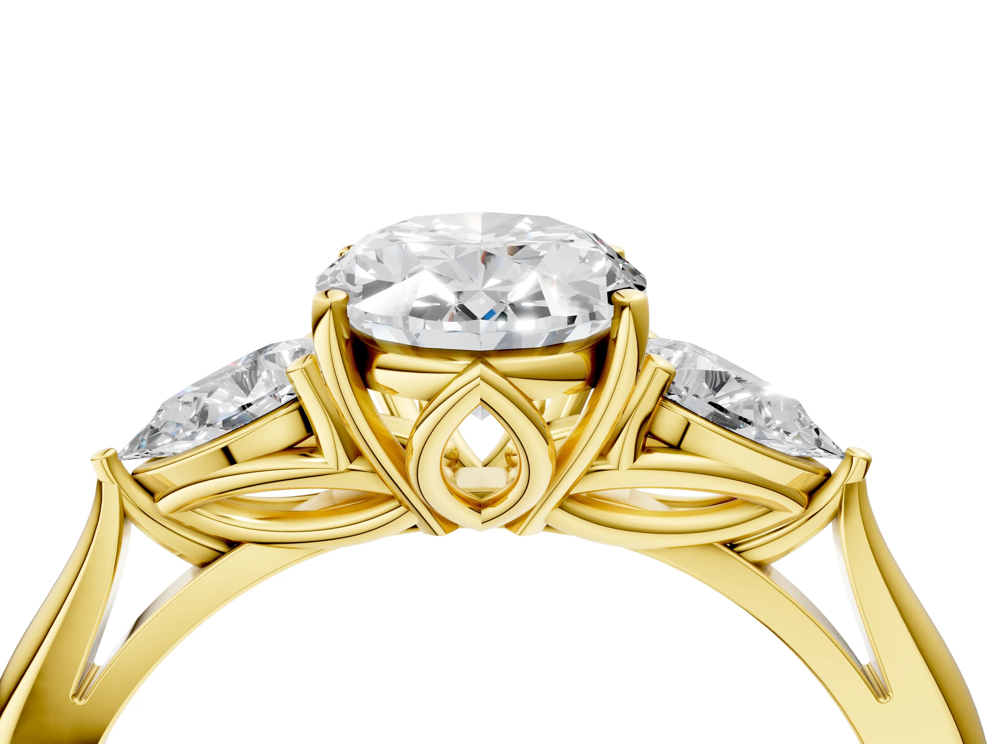 Yellow gold Oval Cut Diamond Three-Stone Ring with Pear with Moissanite side stone Side Stones and Prong Setting_4
