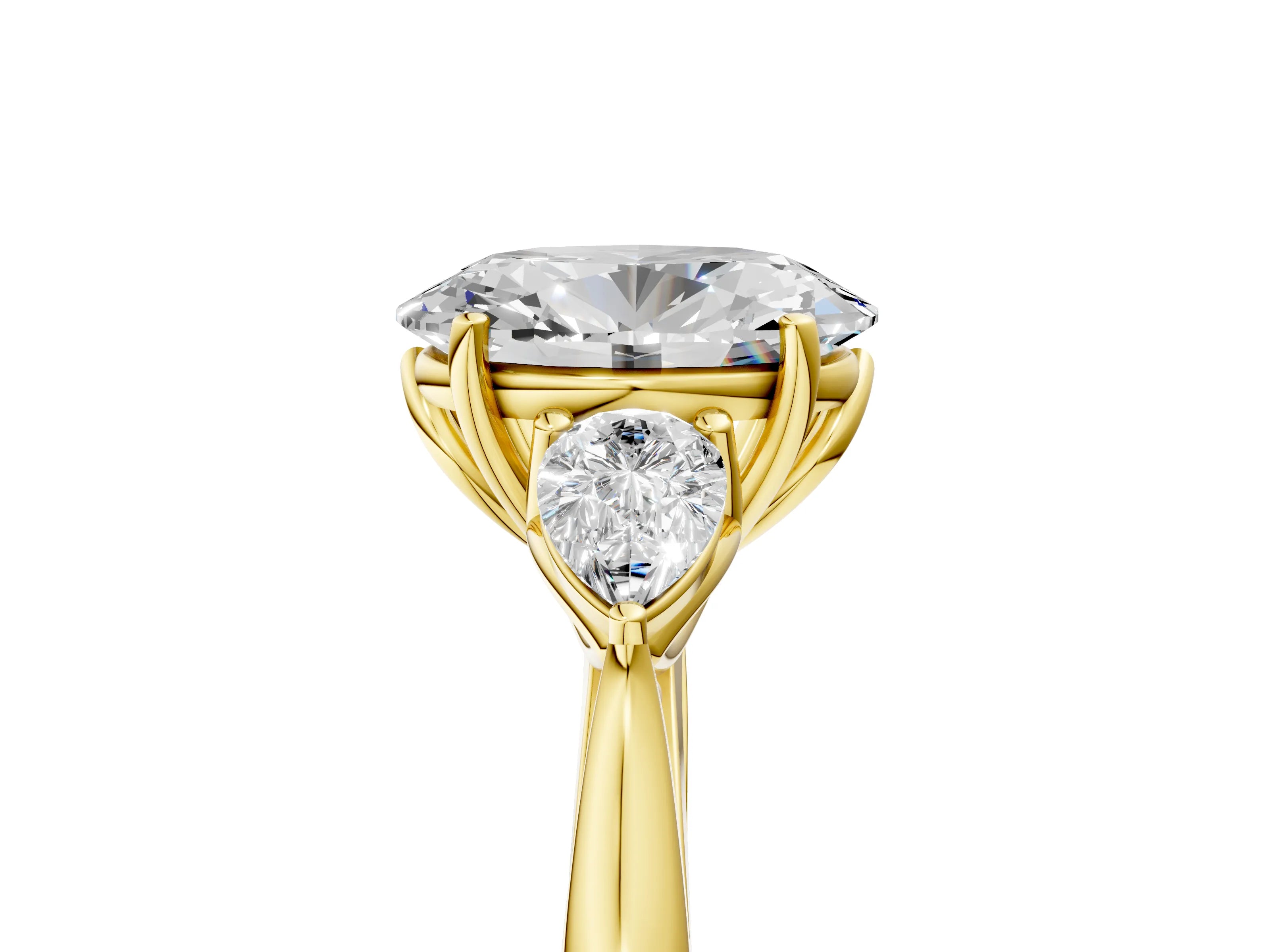 Yellow gold Oval Cut Diamond Three-Stone Ring with Pear with Moissanite side stone Side Stones and Prong Setting_5