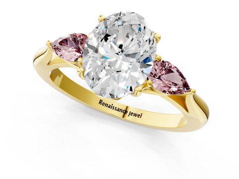 Yellow gold Oval Cut Diamond Three-Stone Ring with Pear with Morganite side stone Side Stones and Prong Setting_1