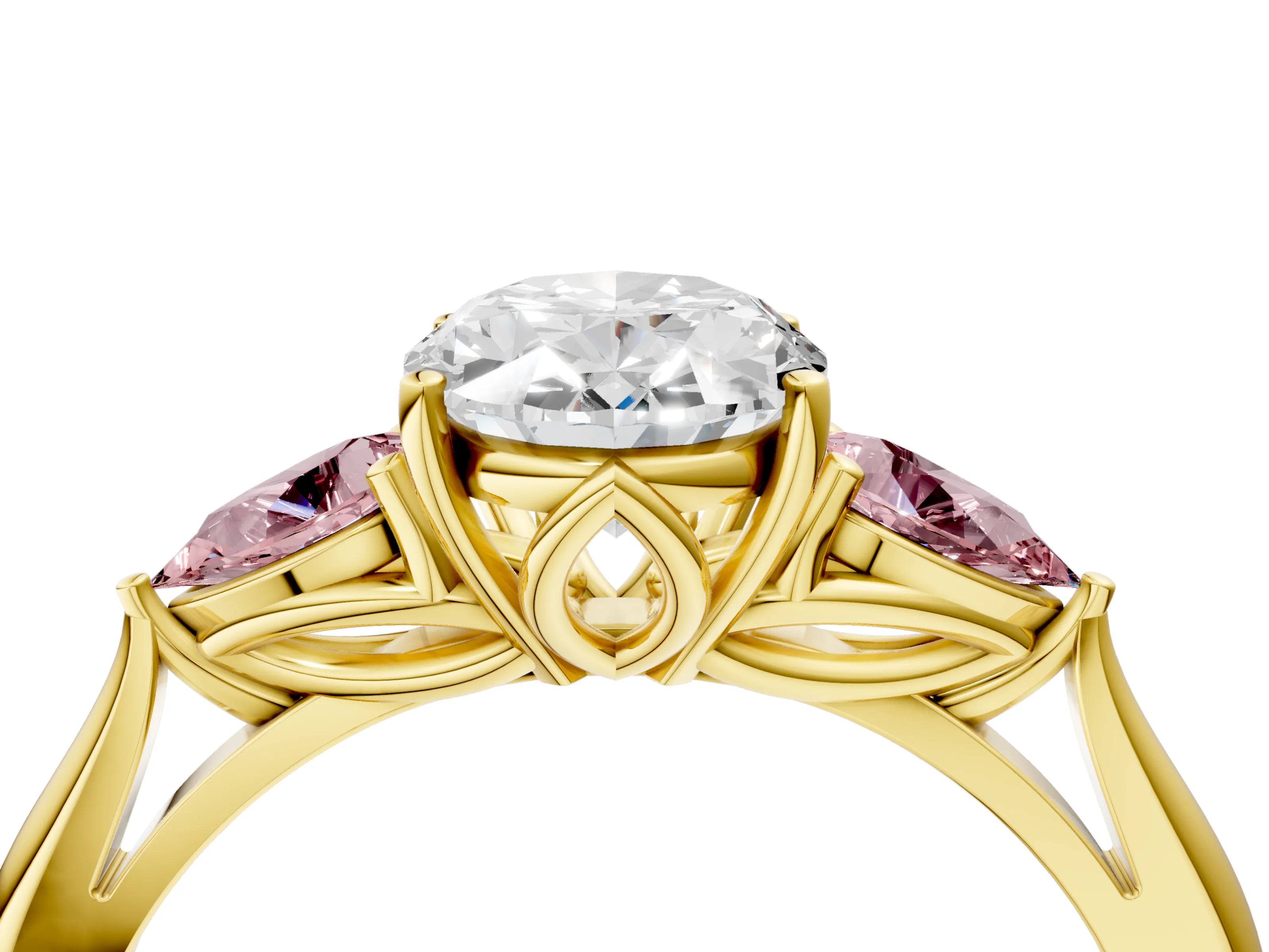Yellow gold Oval Cut Diamond Three-Stone Ring with Pear with Morganite side stone Side Stones and Prong Setting_4