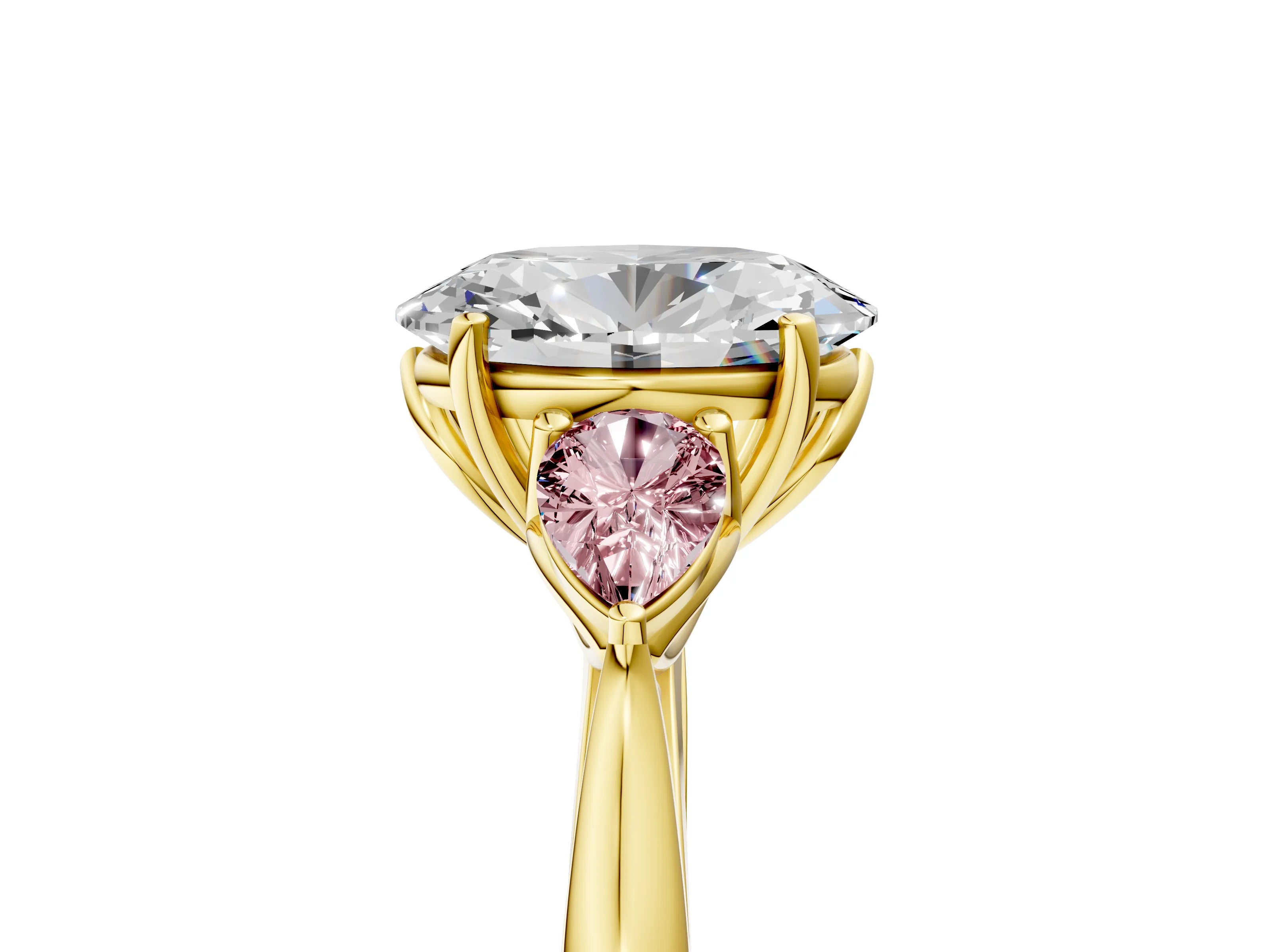 Yellow gold Oval Cut Diamond Three-Stone Ring with Pear with Morganite side stone Side Stones and Prong Setting_5