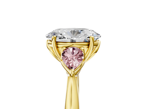 Yellow gold Oval Cut Diamond Three-Stone Ring with Pear with Morganite side stone Side Stones and Prong Setting_5