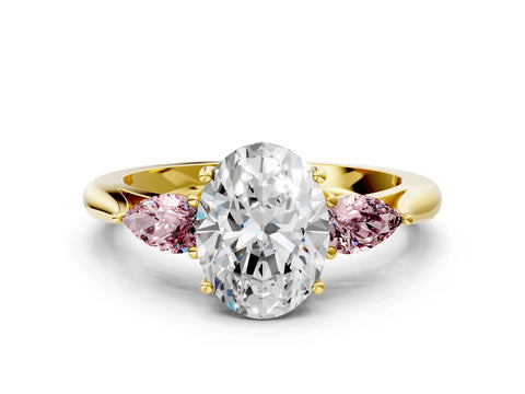 Yellow gold Oval Cut Diamond Three-Stone Ring with Pear with Morganite side stone Side Stones and Prong Setting