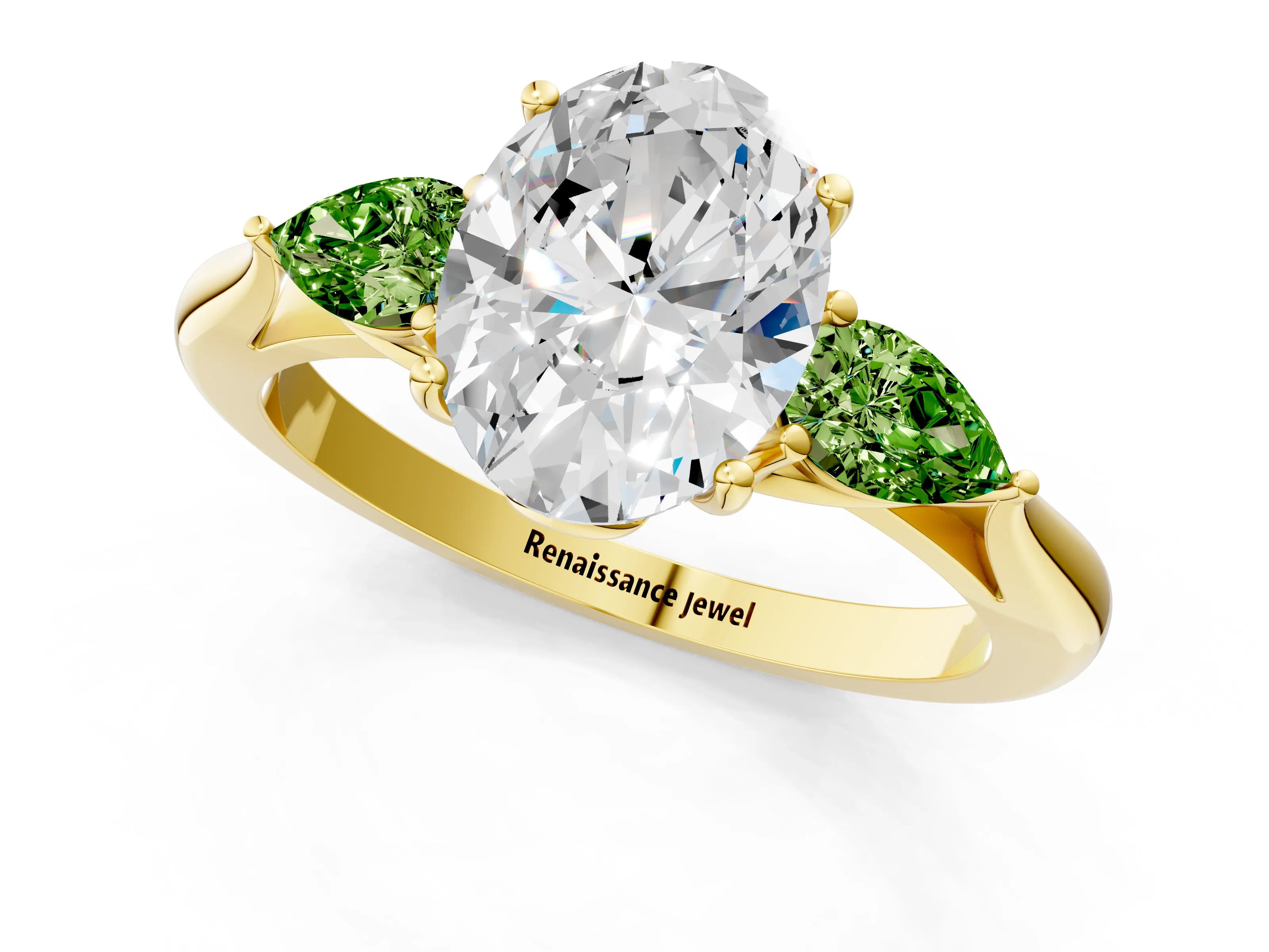 Yellow gold Oval Cut Diamond Three-Stone Ring with Pear with Peridot side stone Side Stones and Prong Setting_1