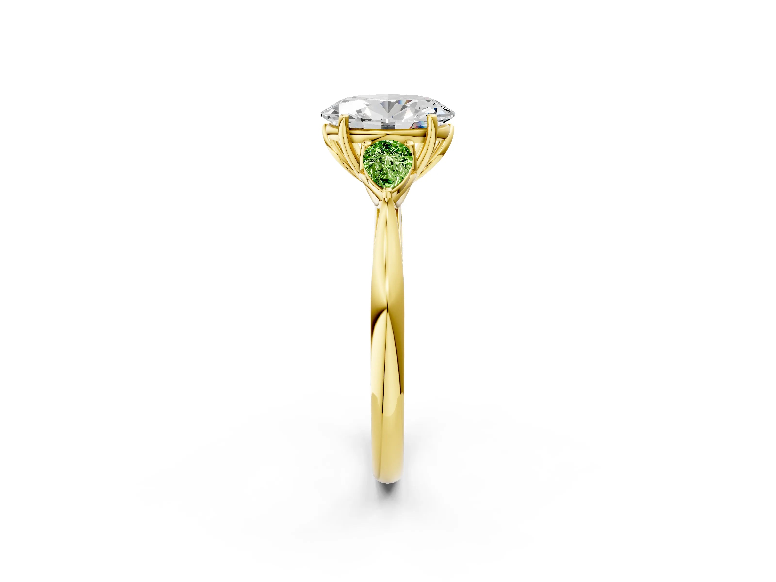 Yellow gold Oval Cut Diamond Three-Stone Ring with Pear with Peridot side stone Side Stones and Prong Setting_2