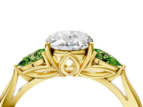 Yellow gold Oval Cut Diamond Three-Stone Ring with Pear with Peridot side stone Side Stones and Prong Setting_4