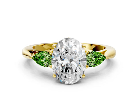 Yellow gold Oval Cut Diamond Three-Stone Ring with Pear with Peridot side stone Side Stones and Prong Setting
