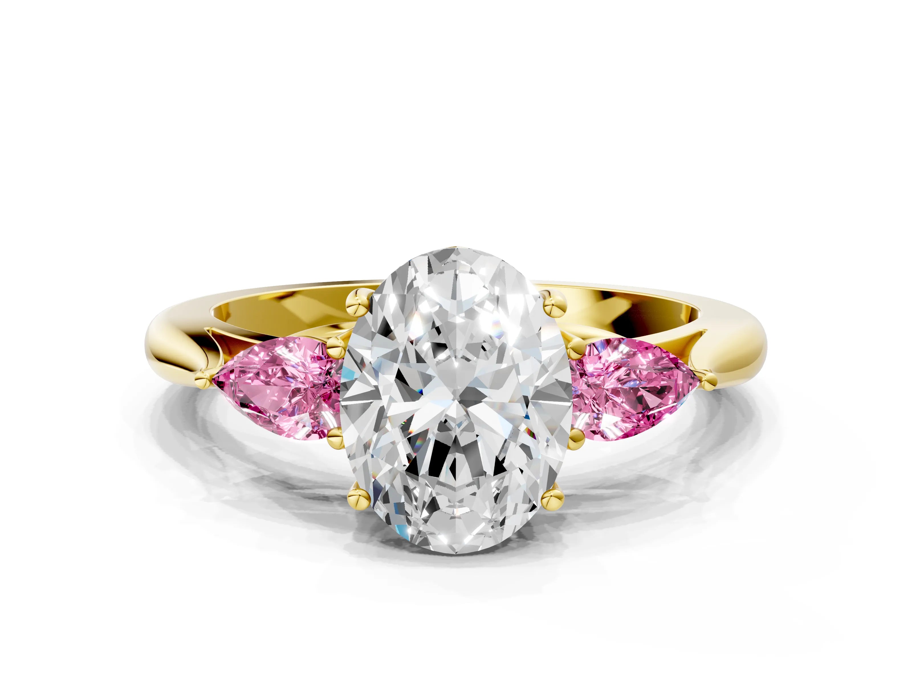Yellow gold Oval Cut Diamond Three-Stone Ring with Pear with Pink Sapphire side stone Side Stones and Prong Setting
