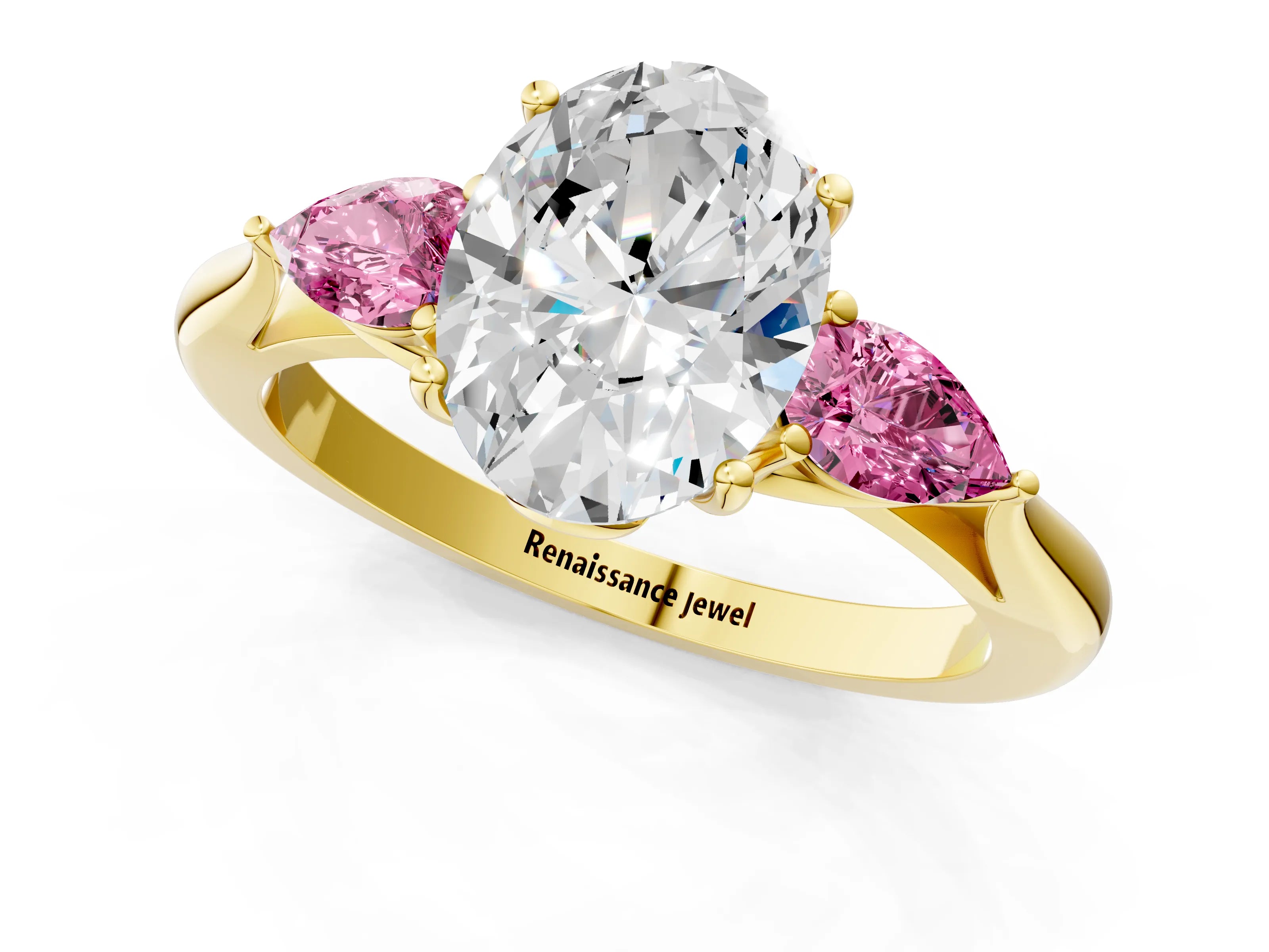 Yellow gold Oval Cut Diamond Three-Stone Ring with Pear with Pink Sapphire side stone Side Stones and Prong Setting_1