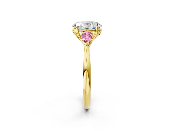Yellow Gold Oval Three Stone Engagement Ring Setting with Pear Lab-Grown Pink Sapphire Side Stones