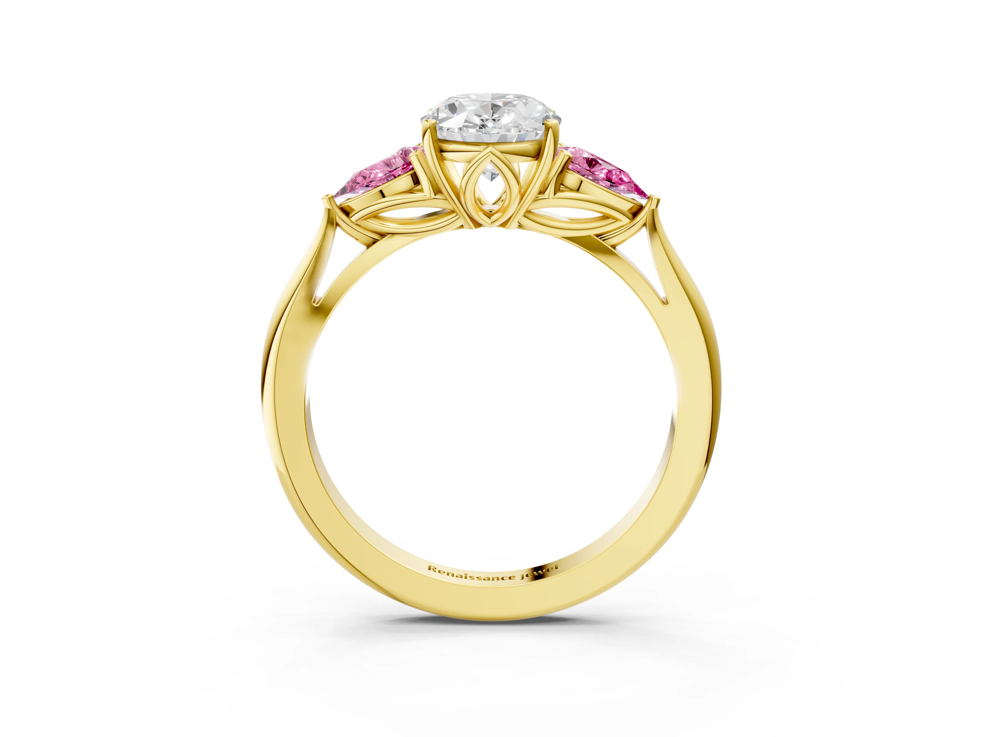 Yellow gold Oval Cut Diamond Three-Stone Ring with Pear with Pink Sapphire side stone Side Stones and Prong Setting_3