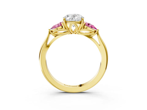 Yellow gold Oval Cut Diamond Three-Stone Ring with Pear with Pink Sapphire side stone Side Stones and Prong Setting_3