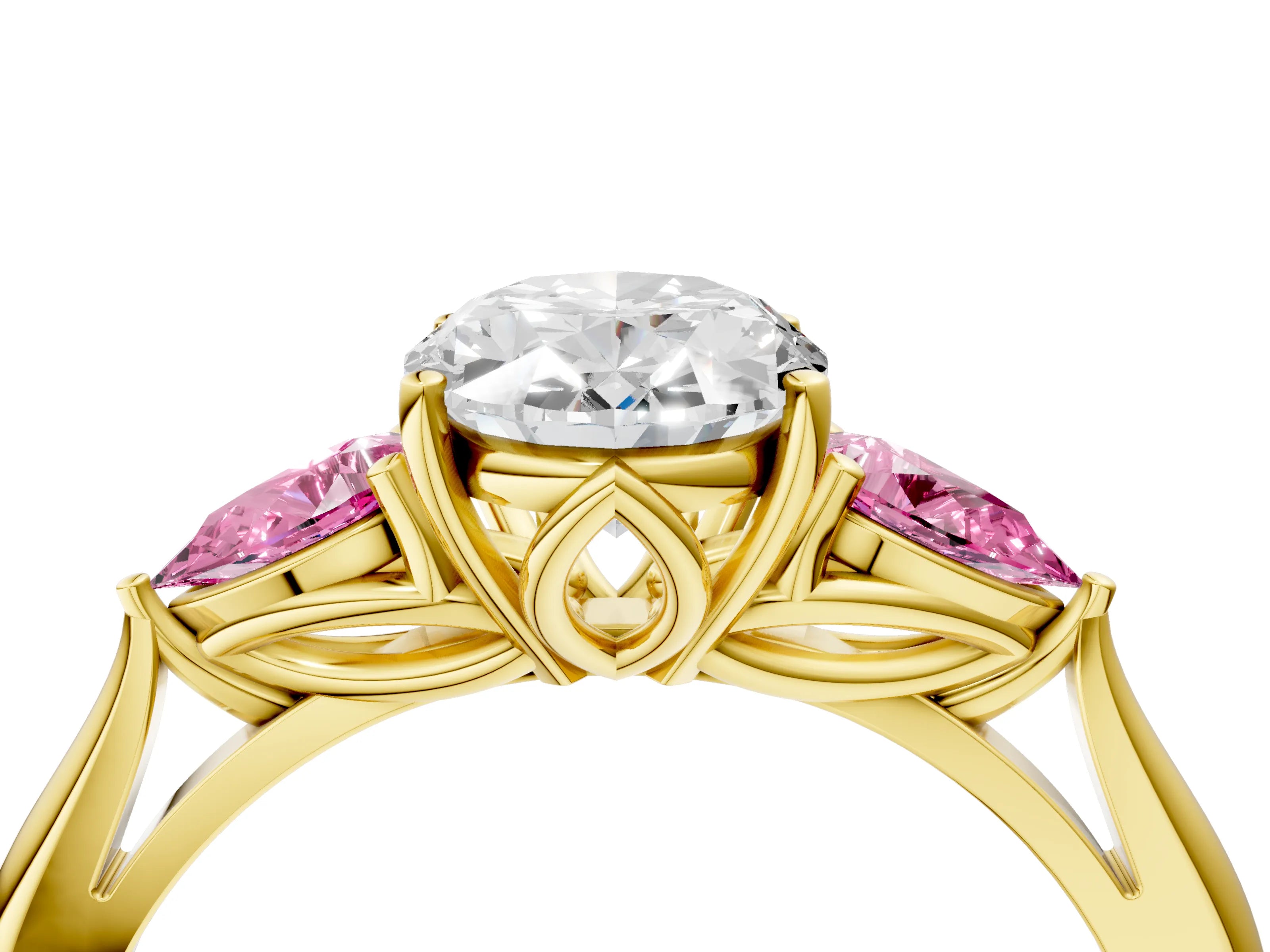 Yellow gold Oval Cut Diamond Three-Stone Ring with Pear with Pink Sapphire side stone Side Stones and Prong Setting_4