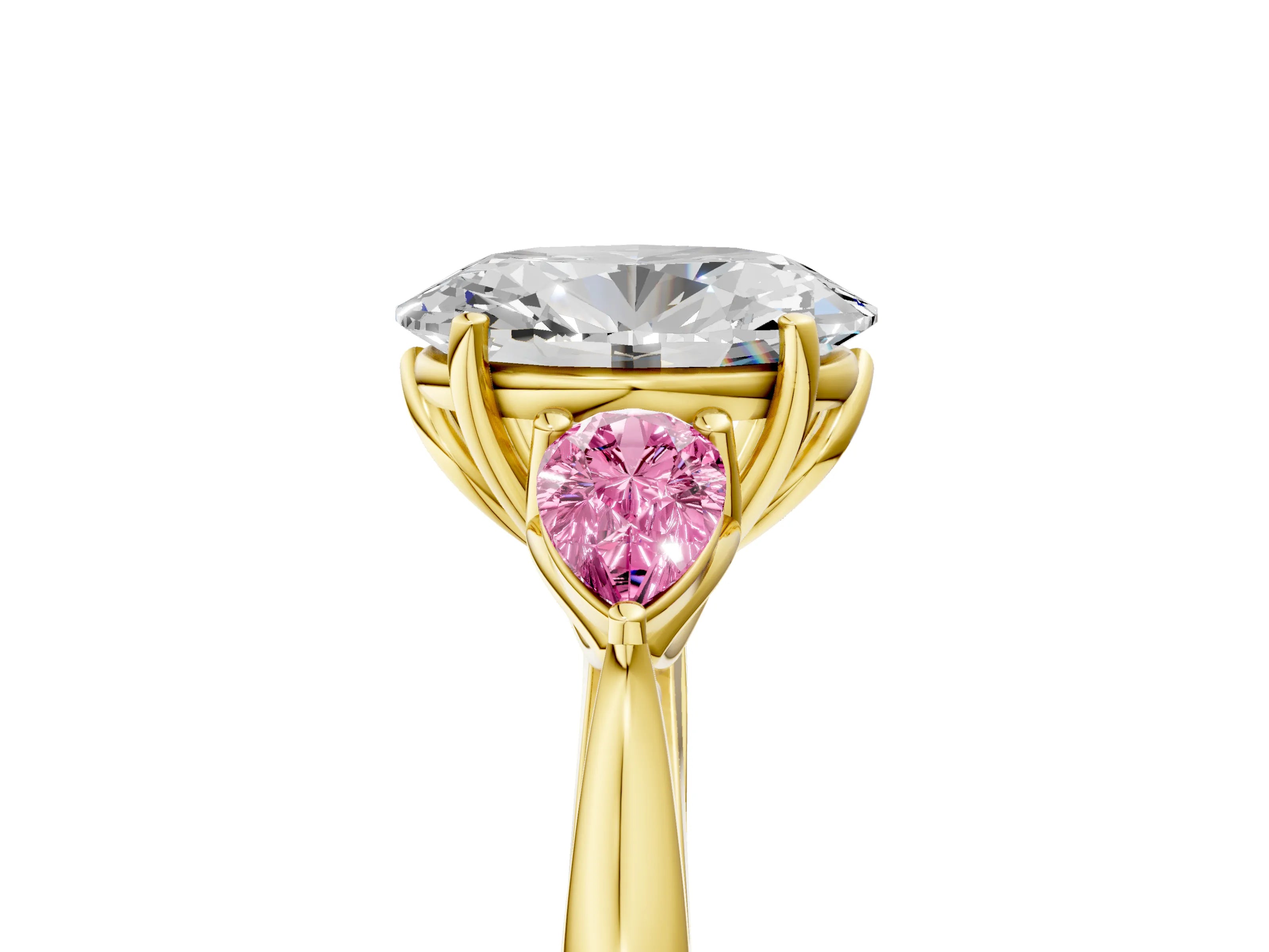 Yellow gold Oval Cut Diamond Three-Stone Ring with Pear with Pink Sapphire side stone Side Stones and Prong Setting_5