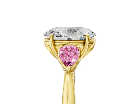 Yellow gold Oval Cut Diamond Three-Stone Ring with Pear with Pink Sapphire side stone Side Stones and Prong Setting_5