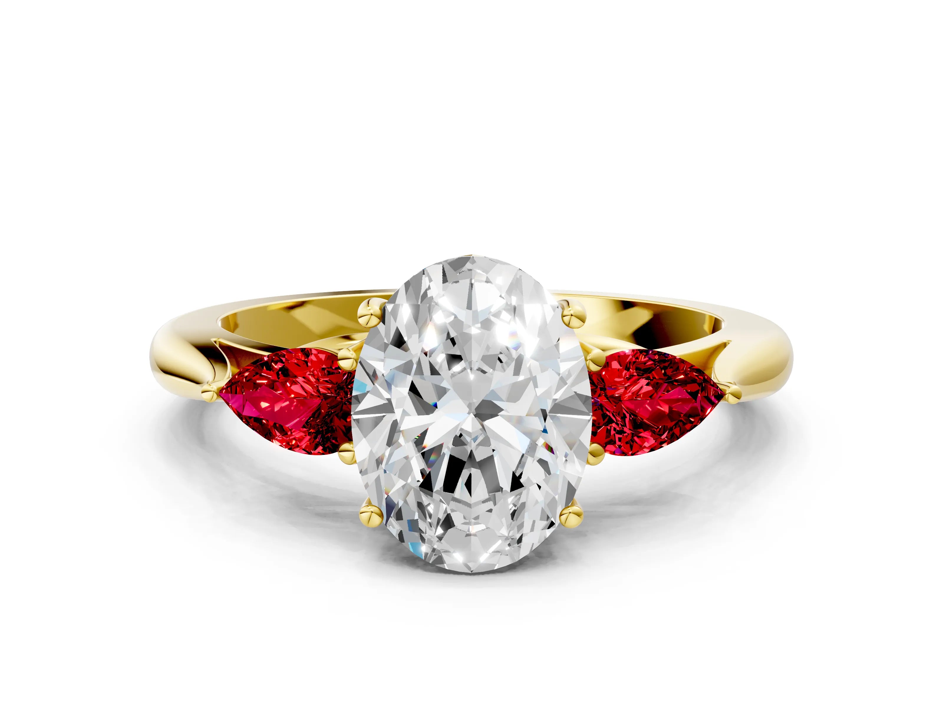 Yellow gold Oval Cut Diamond Three-Stone Ring with Pear with Ruby side stone Side Stones and Prong Setting