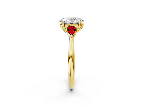 Yellow gold Oval Cut Diamond Three-Stone Ring with Pear with Ruby side stone Side Stones and Prong Setting_2