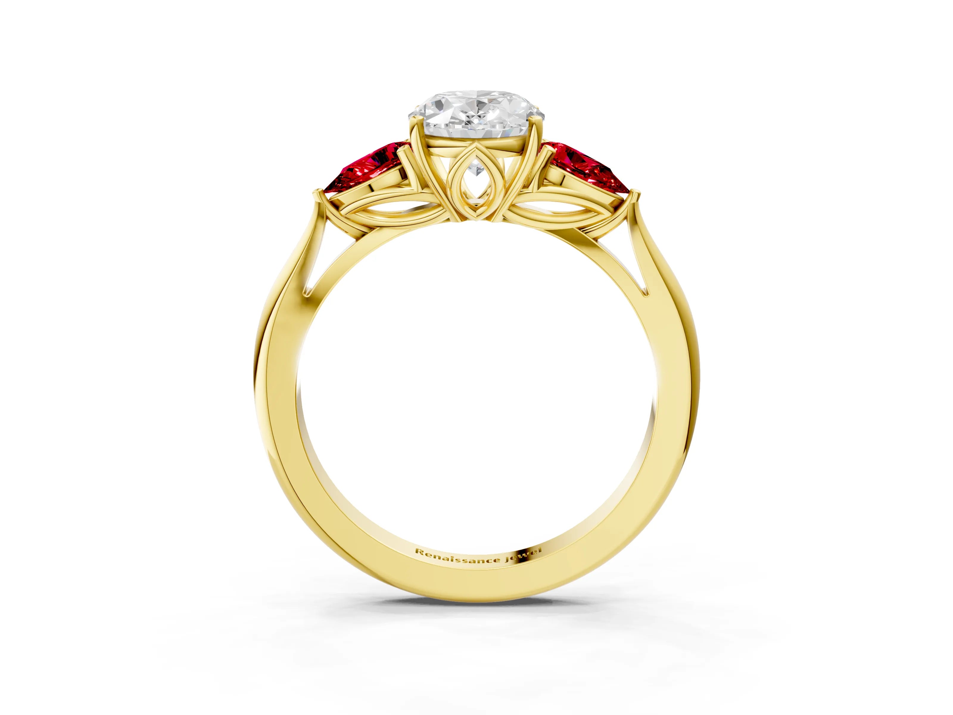 Yellow gold Oval Cut Diamond Three-Stone Ring with Pear with Ruby side stone Side Stones and Prong Setting_3