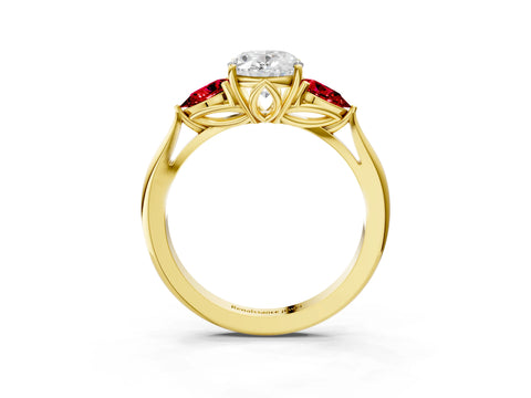 Yellow gold Oval Cut Diamond Three-Stone Ring with Pear with Ruby side stone Side Stones and Prong Setting_3
