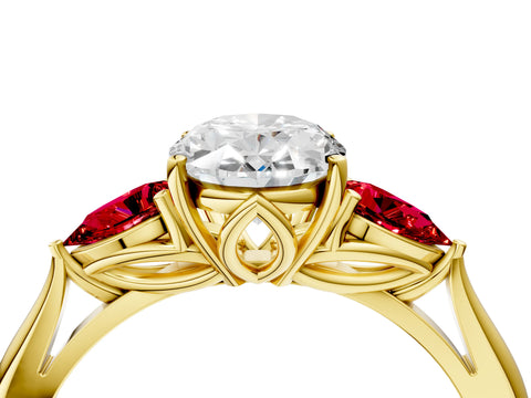 Yellow gold Oval Cut Diamond Three-Stone Ring with Pear with Ruby side stone Side Stones and Prong Setting_4