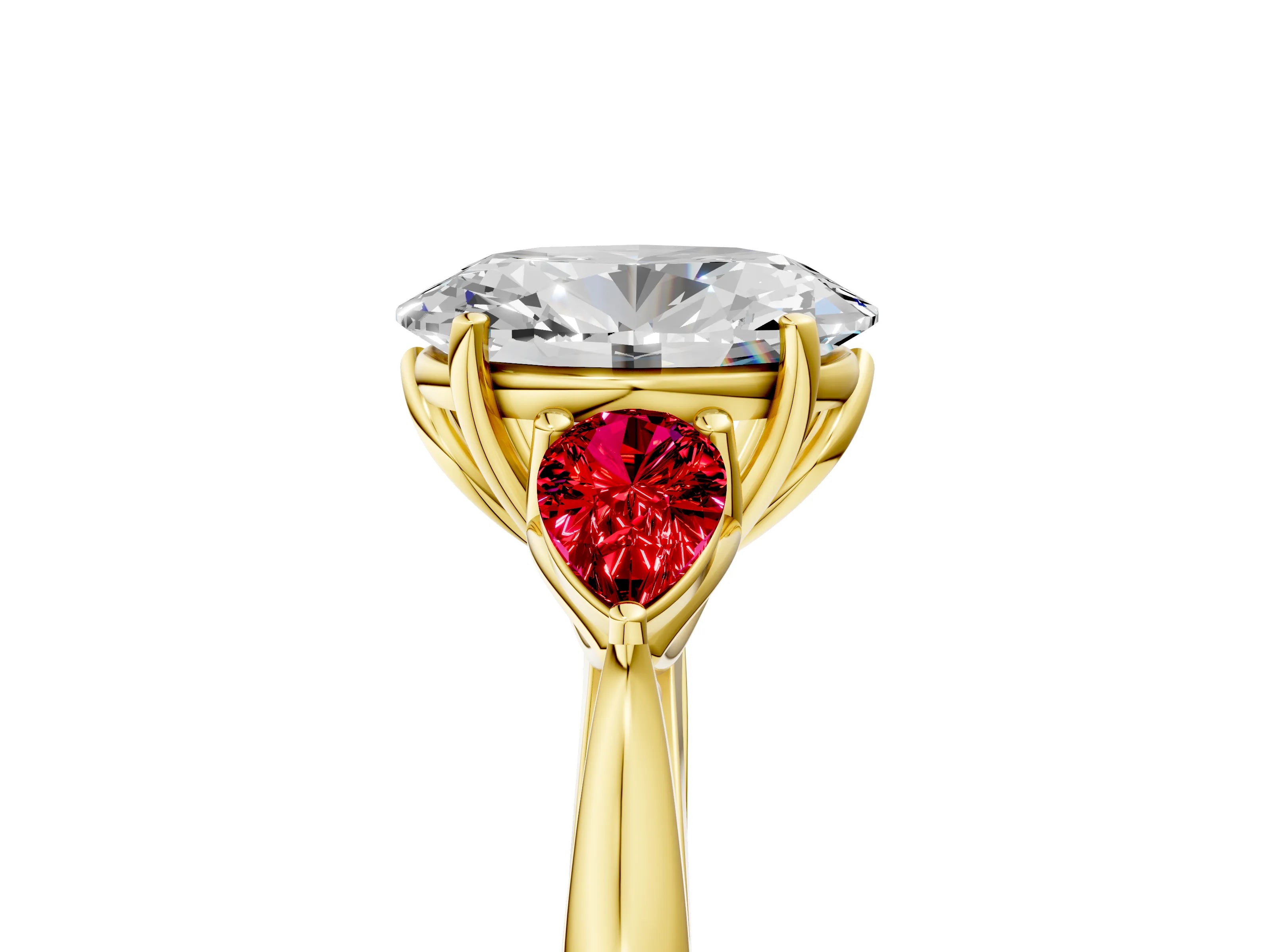 Yellow gold Oval Cut Diamond Three-Stone Ring with Pear with Ruby side stone Side Stones and Prong Setting_5