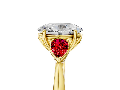Yellow gold Oval Cut Diamond Three-Stone Ring with Pear with Ruby side stone Side Stones and Prong Setting_5