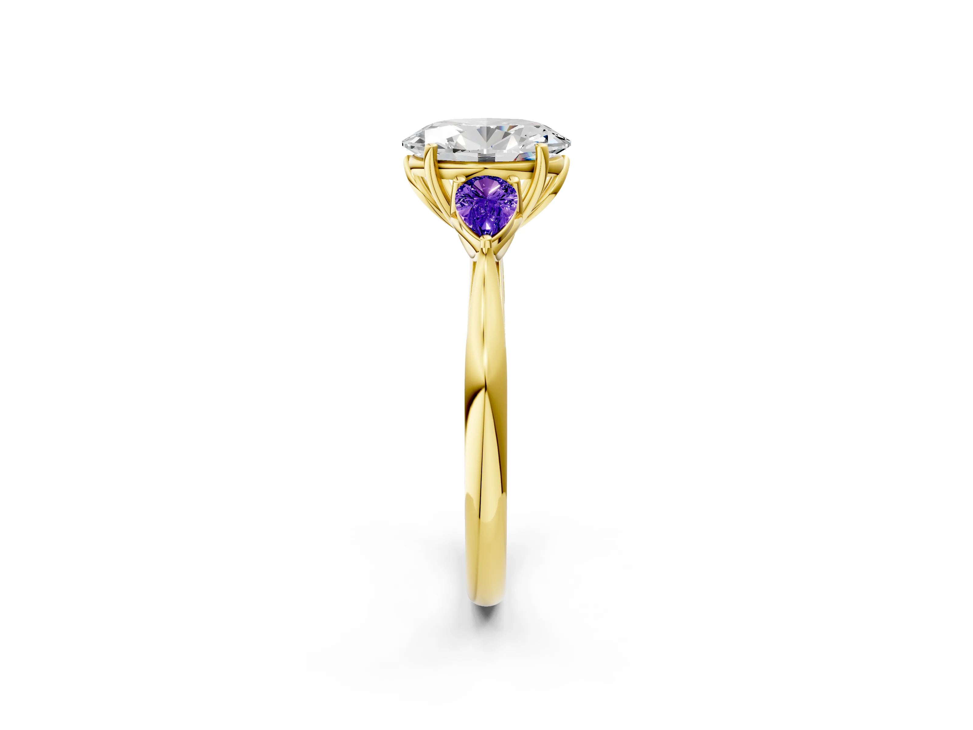 Yellow gold Oval Cut Diamond Three-Stone Ring with Pear with Tanzanite side stone Side Stones and Prong Setting_2