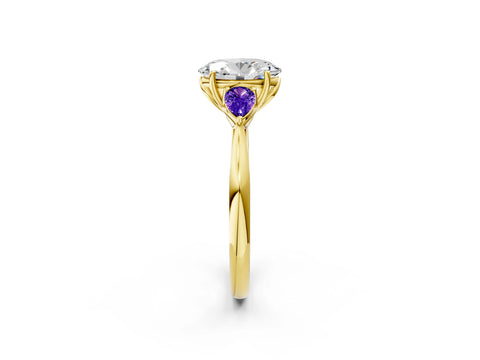 Yellow gold Oval Cut Diamond Three-Stone Ring with Pear with Tanzanite side stone Side Stones and Prong Setting_2