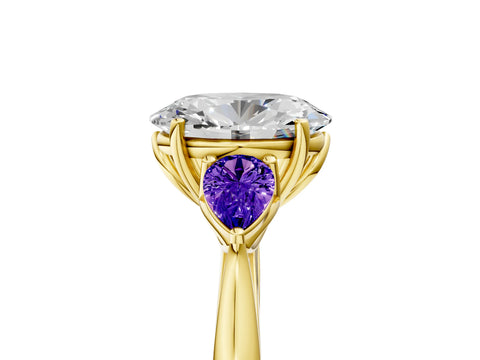 Yellow gold Oval Cut Diamond Three-Stone Ring with Pear with Tanzanite side stone Side Stones and Prong Setting_5