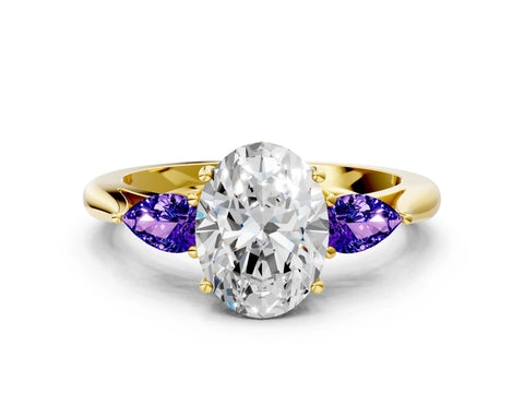 Yellow gold Oval Cut Diamond Three-Stone Ring with Pear with Tanzanite side stone Side Stones and Prong Setting