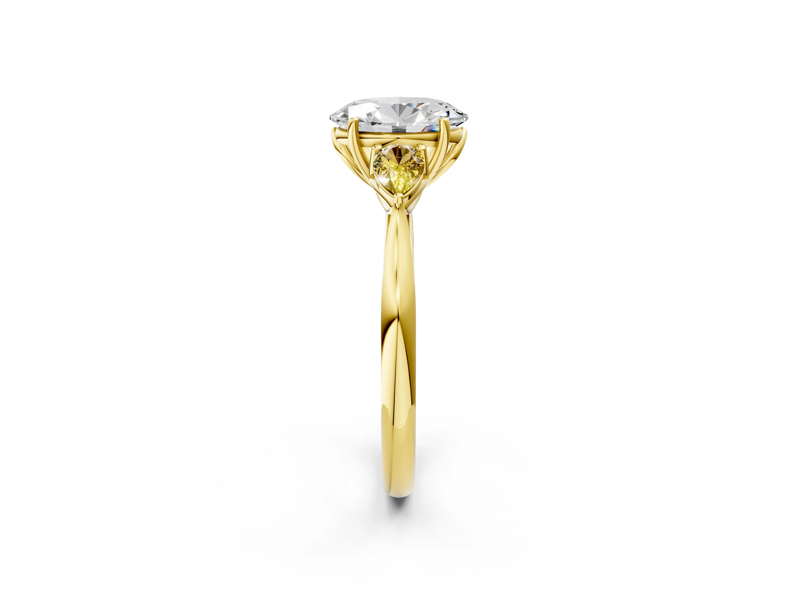 Yellow gold Oval Cut Diamond Three-Stone Ring with Pear with Yellow Sapphire side stone Side Stones and Prong Setting_2
