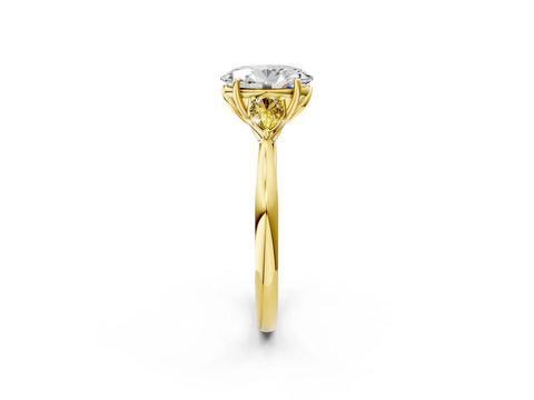 Yellow gold Oval Cut Diamond Three-Stone Ring with Pear with Yellow Sapphire side stone Side Stones and Prong Setting_2