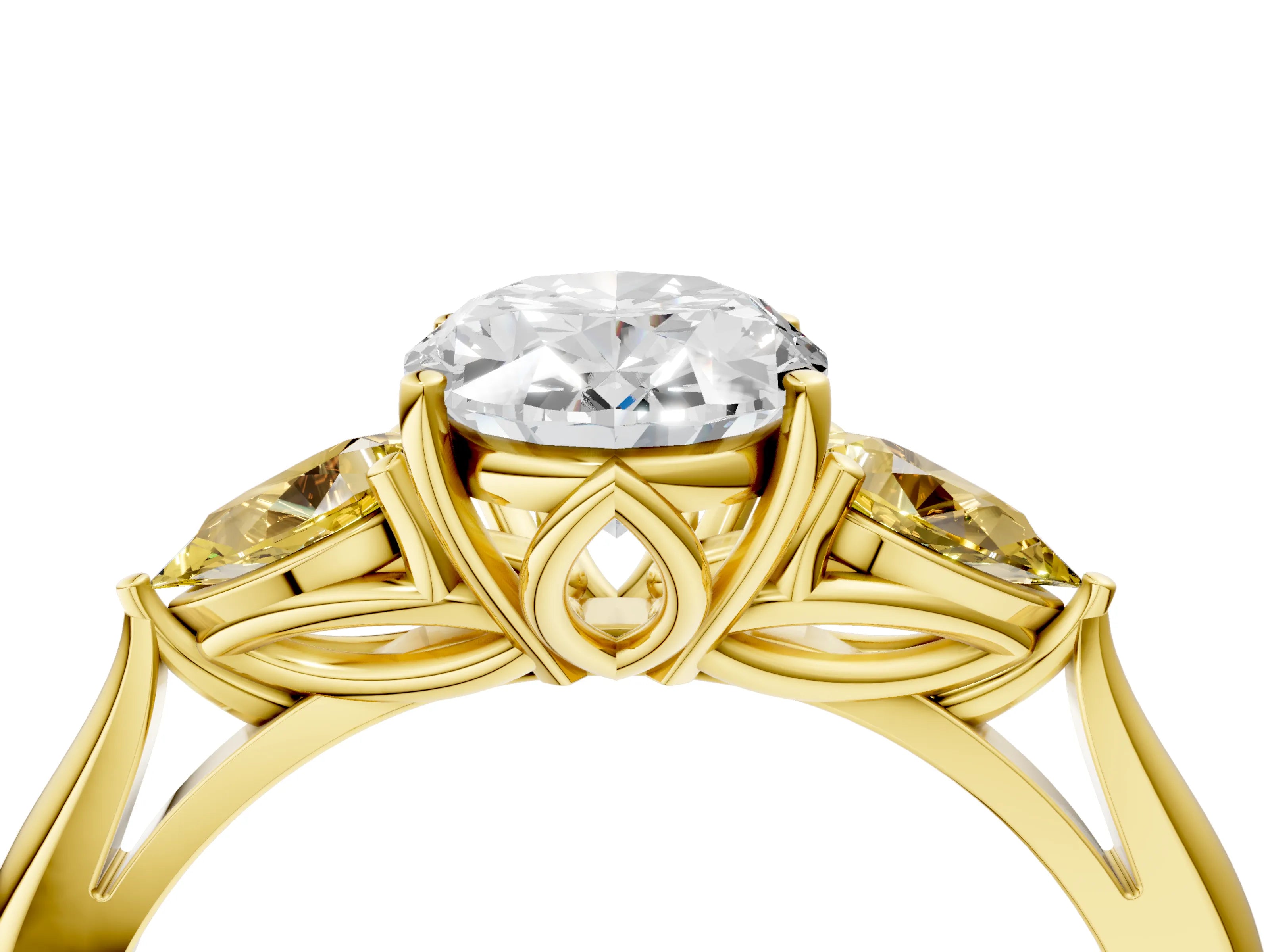 Yellow gold Oval Cut Diamond Three-Stone Ring with Pear with Yellow Sapphire side stone Side Stones and Prong Setting_4