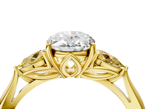 Yellow gold Oval Cut Diamond Three-Stone Ring with Pear with Yellow Sapphire side stone Side Stones and Prong Setting_4